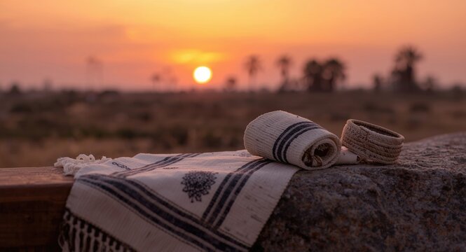 Sunset prayer moment with Jewish men in traditional tallit and tefillin bindings