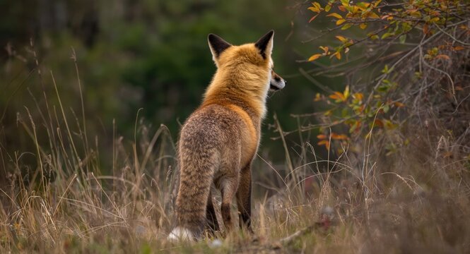 Red fox looking away with back facing camera in nature