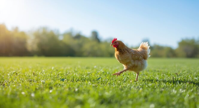 Energetic pet bantam playing on thick green lawn full length scene summer day