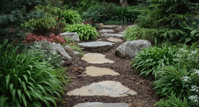 Home landscape inspiration showcasing flagstone path amid rich green plants and stones