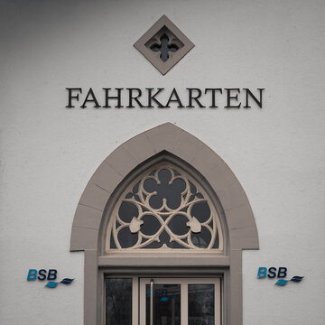Authentic historic BSB ferry ticket office facade stands in Konstanz, Germany, at Lake Constance, Bodensee, perfect for travel editorials.