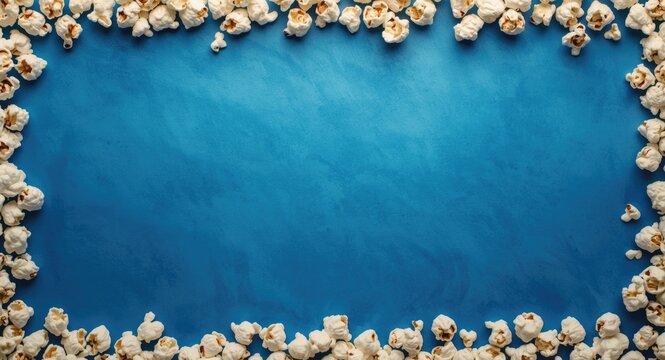 Blue textured background with popcorn border creating copy space for top down filming of movies and animated series