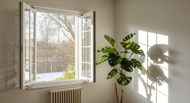 Open kitchen folding door sunlight casting window frame shadows on blank wall with a tall fiddle leaf fig