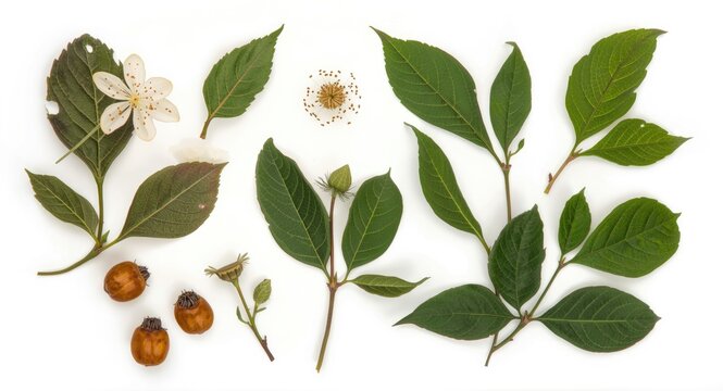 Botanical study of conker tree flowers and leaves on white background
