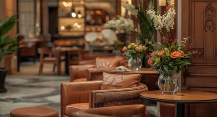 Fototapeta premium Modern upscale hotel interior with terracotta palette, leather and woven rattan seating, flowers and ambient blurred light background