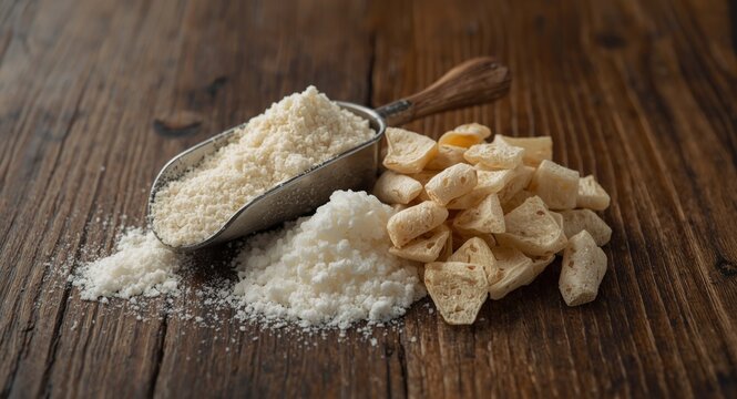 Powdered tapioca starch in a scoop paired with dried cassava root pieces on wooden table