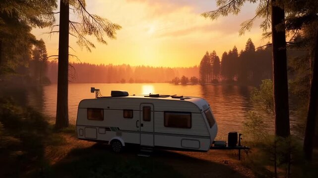 Scenic sunset view of a camper trailer by a tranquil lake surrounded by tall trees. Ideal for outdoor adventure and relaxation in nature