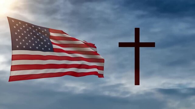 American flag waving against a cloudy sky with a prominent cross symbol. Represents patriotism and faith in a spiritual context