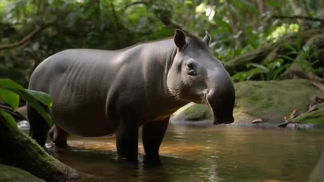 Tapir standing in a serene forest stream surrounded by lush greenery. A glimpse into the natural habitat of this unique and endangered species