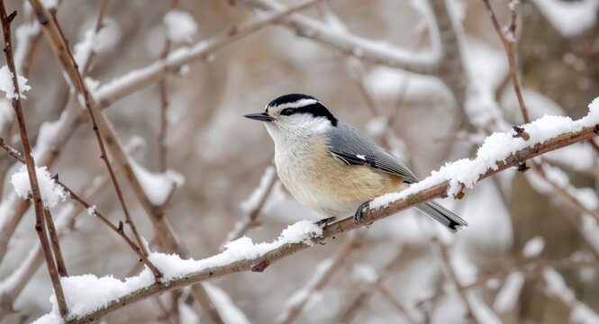 Snow laden branches and Eurasian nuthatch bird close up
