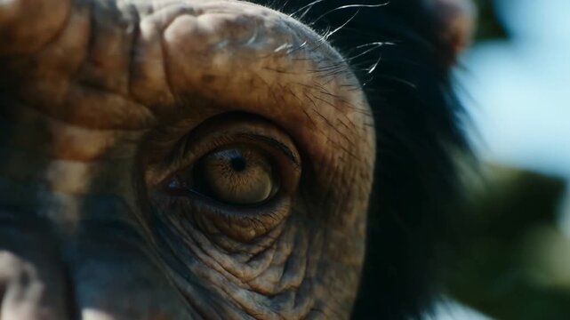 Close-up of a chimpanzee's expressive eye and face. Capturing the emotional depth and intelligence of primates in their natural habitat
