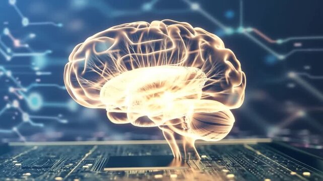 Futuristic digital brain model on a microchip, symbolizing the intersection of technology and neuroscience. Represents innovation in artificial intelligence and cognitive science
