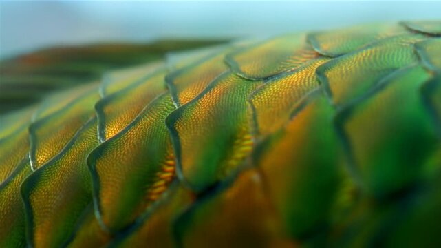 Close-up of vibrant fish scales underwater. Showcasing the beauty of marine life and the intricate details of aquatic ecosystems