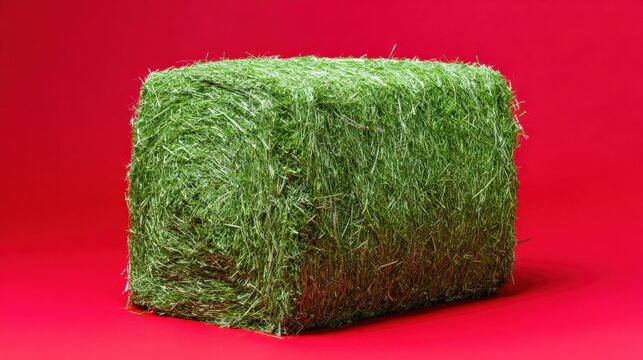 Green hay bale on bright red background
