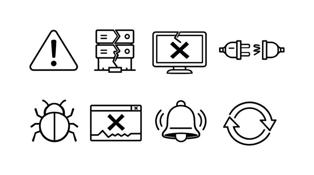 System failure error: warning triangle, broken server, error screen monitor, disconnected plug, bug icon, crash message window, alert bell, system reboot symbol