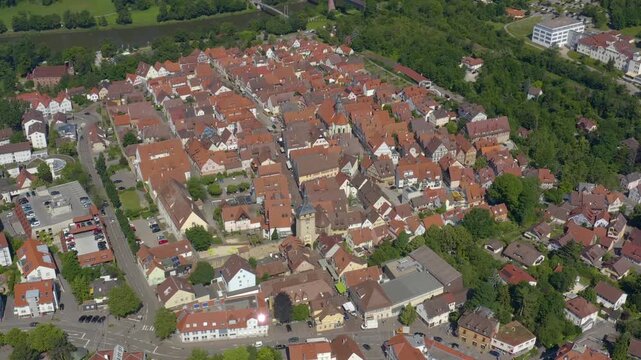 Aerial view of the old town above the city of Marbach in south Germany, on a sunny spring day.