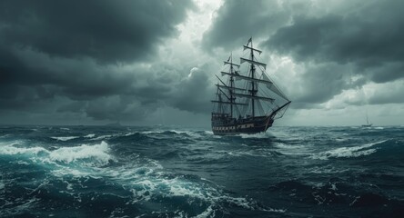 Fototapeta premium Heavy seas and stormy skies surround a pirate ship