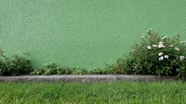 Green textured wall with white daisies and vibrant grass in outdoor garden scene
