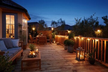 Fototapeta premium Inviting outdoor living space on a wooden deck at night with warm lighting and plant highlights
