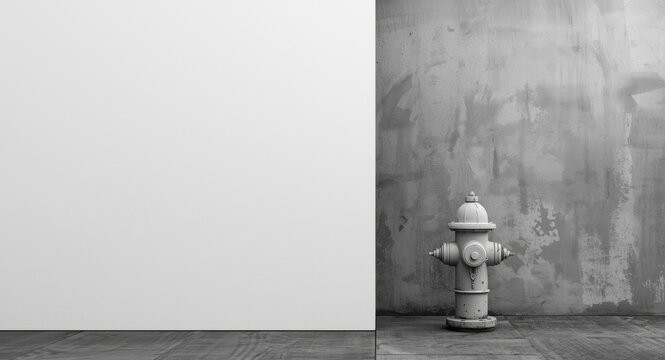 Minimalist white wall paired with a monochromatic fire hydrant and textured grey plaster