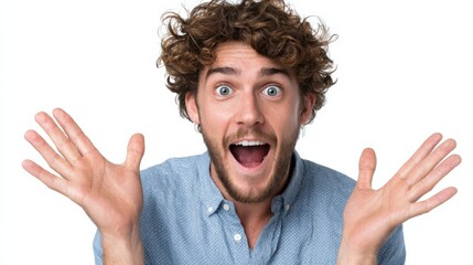 Excited young caucasian male with curly hair expressing surprise