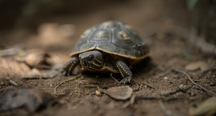 Obraz premium Small gray shell turtle exploring shaded ground area