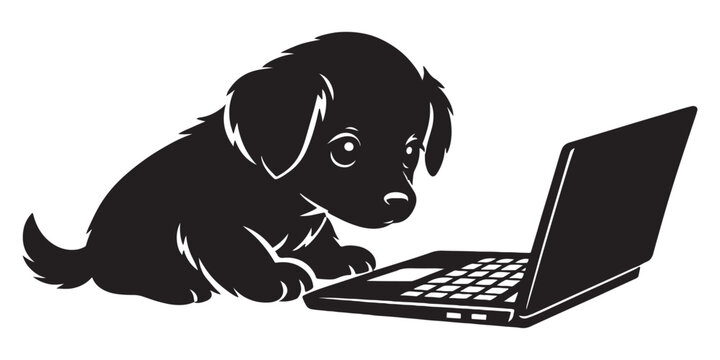 Black puppy silhouette using laptop computer, cute dog working on notebook vector, pet animal browsing internet on white background
