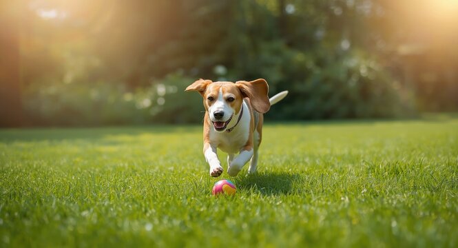 Energetic beagle dog pet fetching ball on bright green grass lawn full length summer