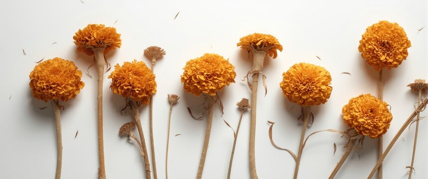 Marigold flowers dried and arranged in multiple bloom phases on a clean white surface