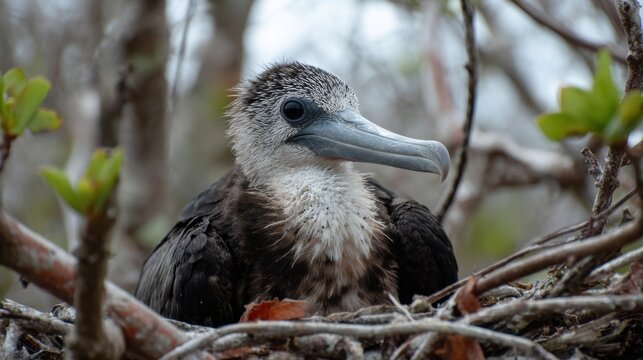 Juvenile frigatebird perched in coastal shrub nest