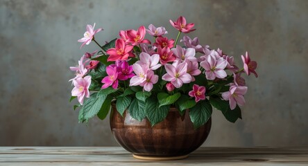 Naklejka premium Graceful Japanese bloom assortment placed in a glazed flowerpot