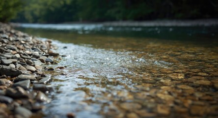 Fototapeta premium Calm clear water glides over irregular stones and pebbles forming a peaceful and natural riverside scene