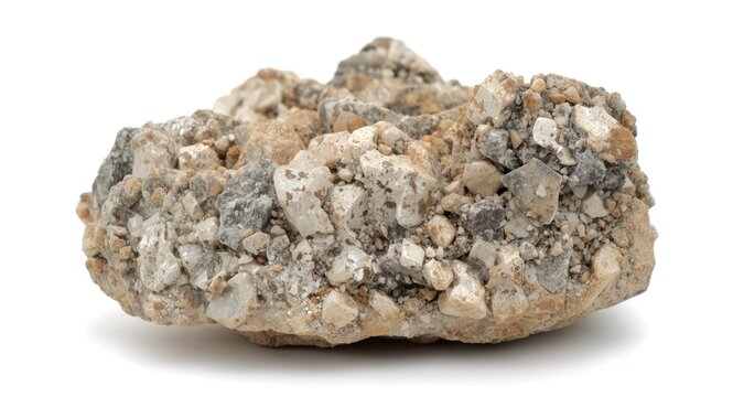 Natural conglomerate rock specimen with rounded pebbles and calcium carbonate matrix on white background