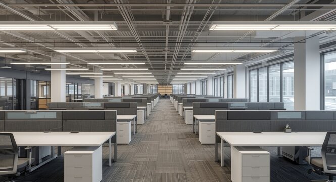 Functional upper floor office zone with cubical arrangements and copy space for text