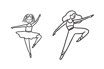 Two ballet dancers in dynamic poses. Simple line drawings. One wears a tutu, the other in leggings. Both dance with expressive arms and legs © Kate