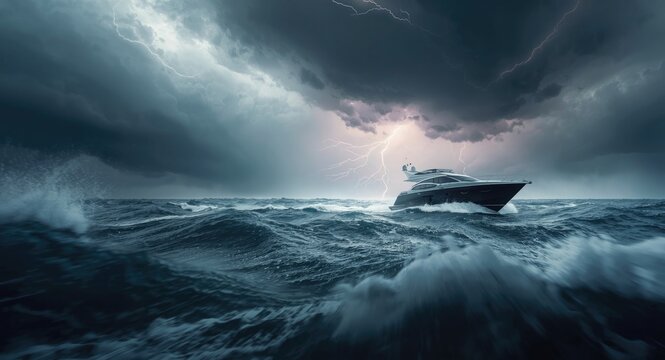 Powerful thunder and lightning over yacht in rough storm