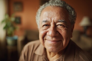 Fototapeta premium Intimate head-and-shoulders portrait of a smiling elder man in a comfortable domestic interior