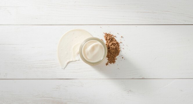 Rustic white wooden backdrop with medicinal cream and ground conkers for copy space
