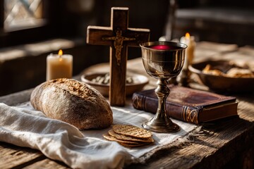 Fototapeta premium Sacred communion table setting with bread, wine chalice, candles, and devotional text