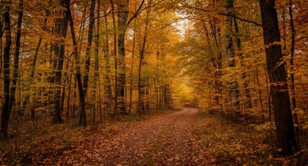 Fototapeta premium Forest walking path lined with trees in brilliant autumn colors