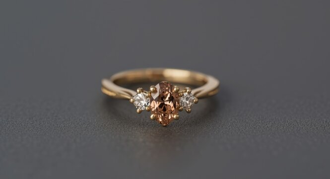 Classic gold ring with morganite and diamond stones resting on a muted dark background