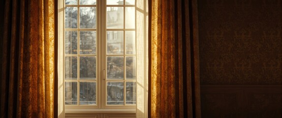 Fototapeta premium Elegant textile panels framing a sunlit window with cozy and refined decor appeal