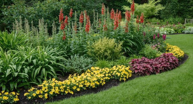 Shady border garden showcasing lush hostas and bright plant combinations
