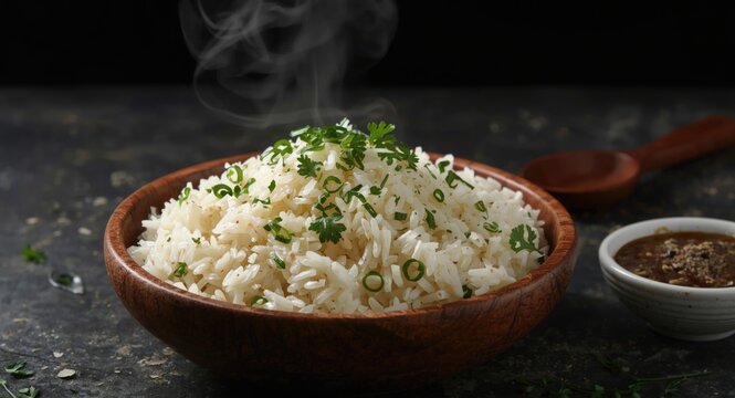 Rustic culinary display of steaming parboiled rice and fresh herbs served in wooden bowl with dark backdrop