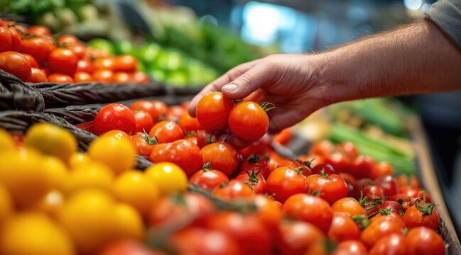 Hand picking fresh red cherry tomato from display in grocery store