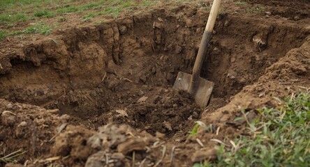 Fototapeta premium Shovel operated excavation revealing substantial soil clumps on farmland