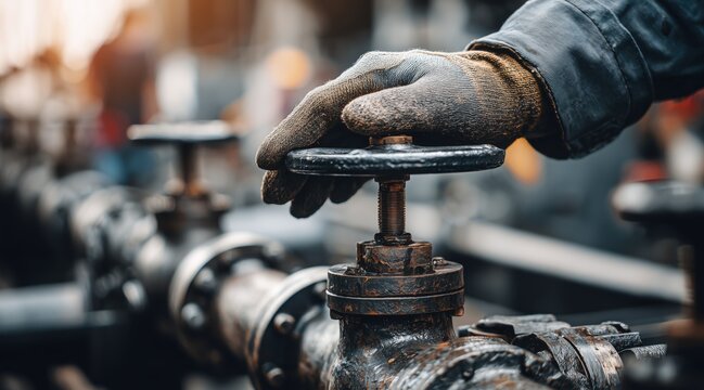 Worker wearing protective glove turning industrial valve on metal pipeline