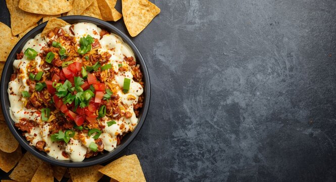 Seven layer dip served with crunchy tortilla chips captured from above