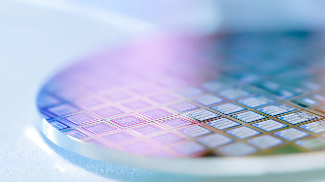 Macro view of a circular semiconductor wafer reflecting light, displaying intricate microchip patterns in vibrant, futuristic colors and soft focus
