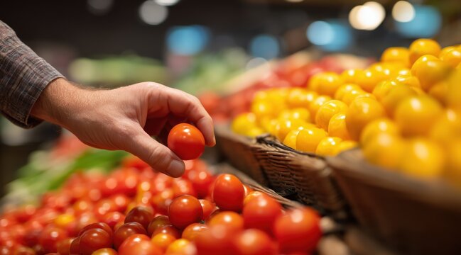 Hand picking cherry tomato from vegetable display in grocery store